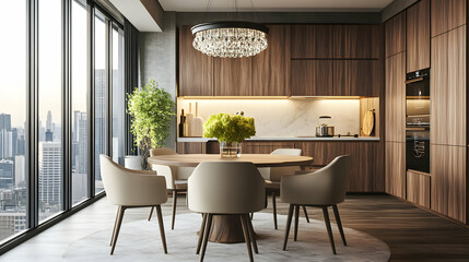 Modern dining room interior features a stylish wooden table and chairs, enhancing the home's luxurious design with natural light from the window