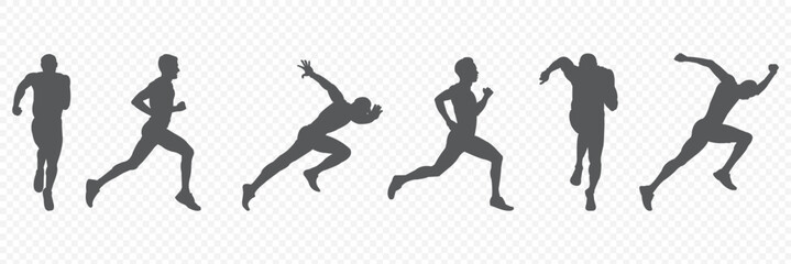  Running men vector set of isolated silhouettes . black silhouette group of runner running on transparent background . 