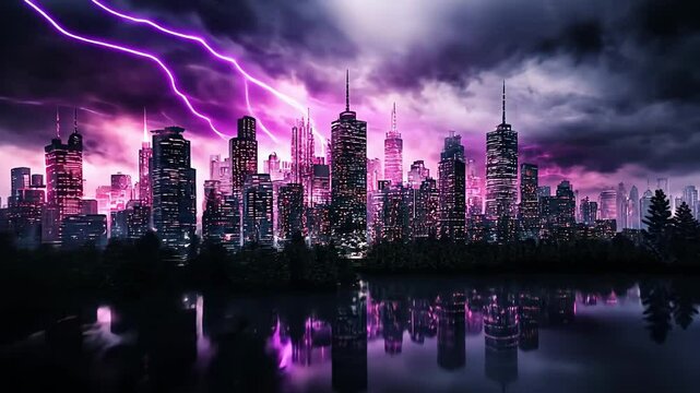 Dramatic lightning bolts over futuristic purple cityscape
