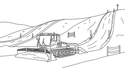 Snow groomer coloring page for kids and adults winter sports vehicle line art illustration on transparent background