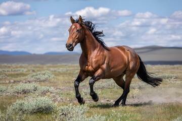 Obraz premium Brown mustang horse running in a field