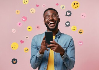Smiling man holding phone, surrounded by social media icons