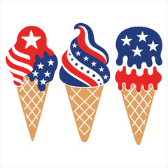 Patriotic Ice Cream Trio Art,  Happy 4th Of July Vector, American Independence Day Clipart, Patriotic Fourth Of July Illustration