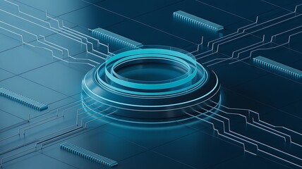Futuristic technology illustration featuring a central hub surrounded by microchips and circuit board lines