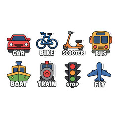 Various modes of transportation isolated on white background