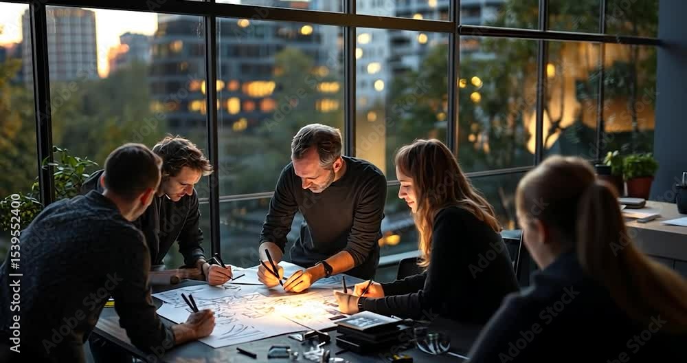 Poster team of four colleagues collaborating on a design project, drawing on a large sheet of paper during 