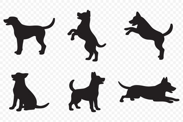 dogs in various poses on  white background.  Group of dogs various poses vector silhouettes collection. 