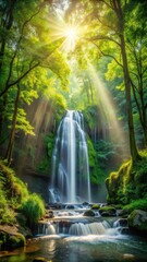 Waterfall amidst dense forest with sunlight filtering through canopy