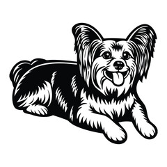 cheerful dog with detailed fur texture, expressive eyes, and a decorative leaf accent sketch engraving generative ai vector illustration. Scratch board imitation. Black and white image. 