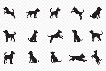 dogs in various poses on  white background.  Group of dogs various poses vector silhouettes collection. 