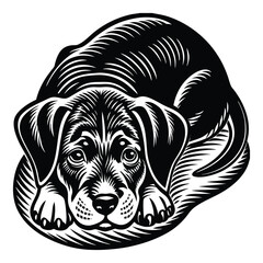 cheerful dog with detailed fur texture, expressive eyes, and a decorative leaf accent sketch engraving generative ai vector illustration. Scratch board imitation. Black and white image. 