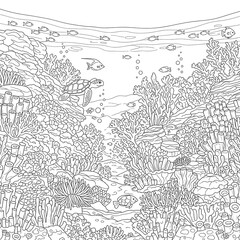 Obraz premium Underwater coral reef coloring page with sea turtle and fish for kids and adults to print on transparent background
