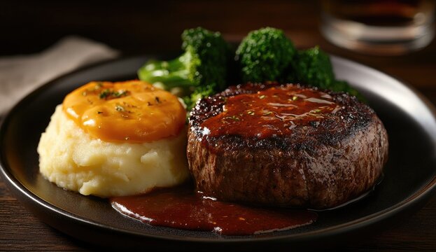Steak dinner with mashed potatoes and broccoli