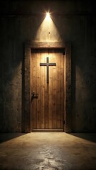 Obraz premium Dark room with cross-shaped door made of wood and metal