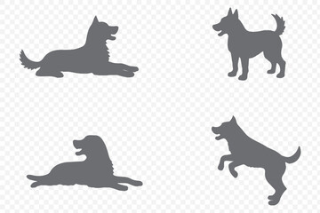 vector, isolated black silhouette set of a dog . dogs group standing or sitting of different breeds vector silhouette collection . 