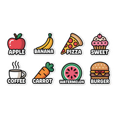 Cartoon food icons isolated on white background include fruits and sweets