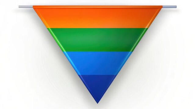 Vibrant triangular flag with three horizontal bands of blue green and orange colors against a bright color background