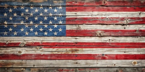 Weathered US flag on wooden plank with cracks and fading