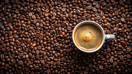 Fototapeta premium Rich aromatic foam floats on a cup of dark roast coffee with whole coffee beans scattered around it