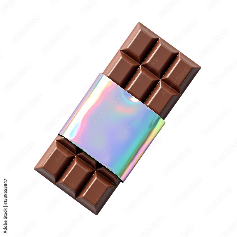 Poster single chocolate bar with holographic wrapper isolated on transparent background