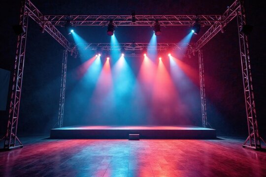 Stage rigging, lighting trusses, central venue setup, trusses, design