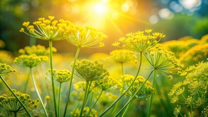 Fresh dill flowers in a garden bed with sunlight filtering through the leaves