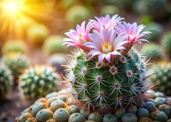 Obraz premium Soft focus image of Mammillaria cactus with blooming flowers in a garden