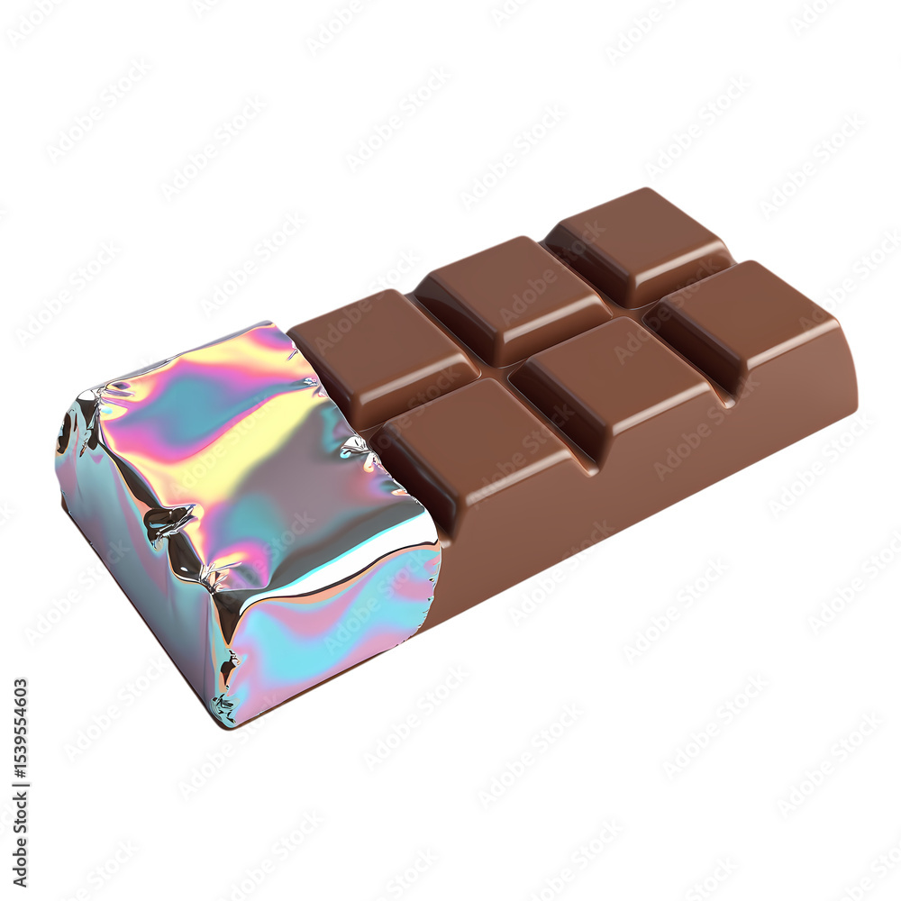 Poster chocolate bar partially wrapped in holographic foil wrapper isolated on transparent background