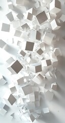Abstract white and light gray cubes in a swirling, dynamic composition