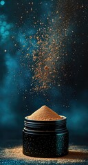 Dark jar of powder erupting in a flurry of brown particles against a teal backdrop