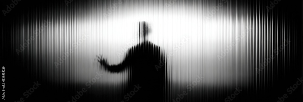 Poster Shadow Figure Interacting With Translucent Screen in Dimly Lit Environment During Nighttime