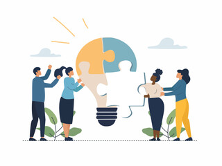 Innovative team collaboration through puzzle pieces and ideas. Vector illustration