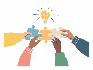 Embracing teamwork through puzzle pieces and light bulb. Vector illustration