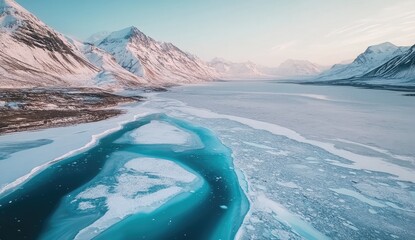 Frozen arctic landscape, turquoise water, snowy mountains