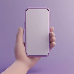 3D cartoon render of a hand holding a smartphone with a blank white screen, against a purple background