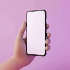 3D cartoon render of a hand holding a smartphone with a blank white screen, against a purple background