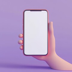 3D cartoon render of a hand holding a smartphone with a blank white screen, against a purple background