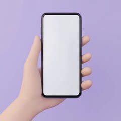 3D cartoon render of a hand holding a smartphone with a blank white screen, against a purple background