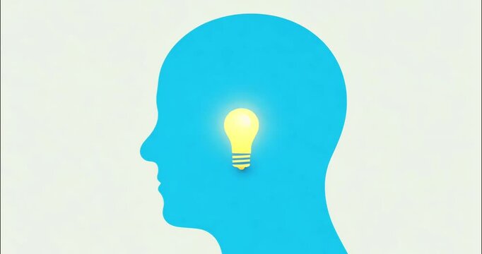 A minimalist, clear, and understandable animation with a simple silhouette of a human head. The head smoothly appears and then gently shows a minimal, flat glowing bulb inside, symbolizing business id