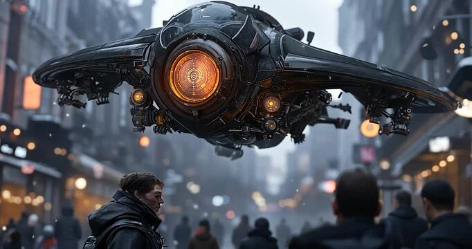 Futuristic drone hovers over a city street, a man in a dark jacket watches. Snowy, urban setting with soft lighting