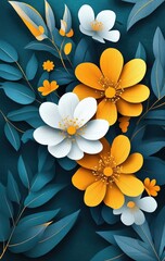 Vibrant floral design with white and yellow paper flowers on teal backdrop