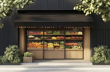 Modern, minimalist grocery store facade with fresh produce displays