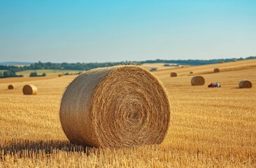 Round bales of straw in a golden field under a clear blue sky