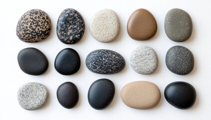 Assorted smooth stones in various shades of brown, gray, and black, arranged in a grid pattern on a white background