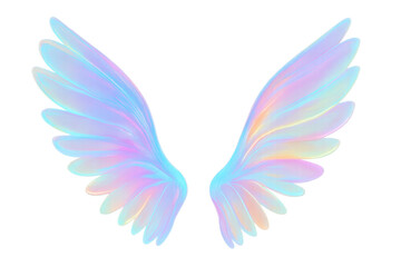 Large, iridescent, holographic angel wings spread on a transparent background, creating a vibrant and ethereal image