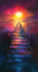 Vibrant sunset pier leading to a bright horizon