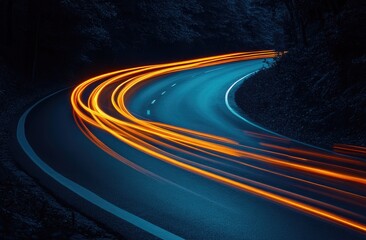 Night road curves, light trails