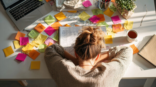 Woman resting head on desk with sticky notes around