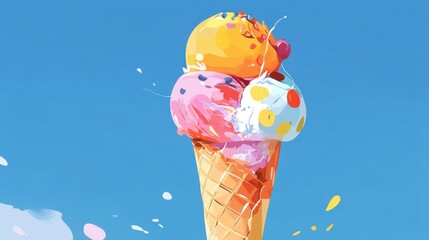 ice cream cone, bright and natural colors, pop art, dots, pure color blocks,