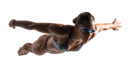 Dynamic Female Swimmer in Action, Capturing Graceful Form in Mid-Air with Goggles and Swimwear